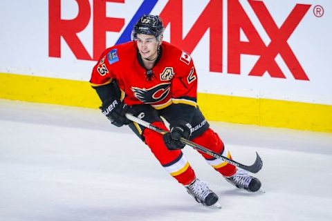 Feb 5, 2016; Calgary, Alberta, CAN; Calgary Flames center Sean Monahan (23) skates against the Columbus Blue Jackets during the third period at Scotiabank Saddledome. Columbus Blue Jackets won 2-1. Mandatory Credit: Sergei Belski-USA TODAY Sports