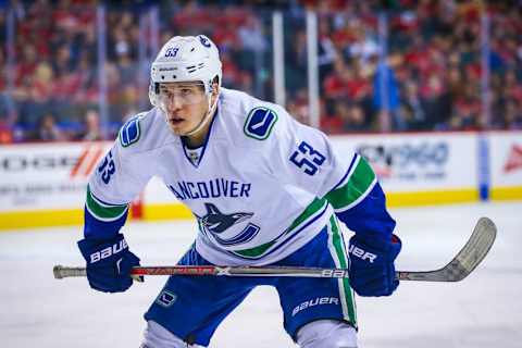 Apr 7, 2016; Calgary, Alberta, CAN; Vancouver Canucks center Bo Horvat (53) during the face off against the Calgary Flames during the first period at Scotiabank Saddledome. Calgary Flames won 7-3. Mandatory Credit: Sergei Belski-USA TODAY Sports