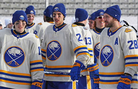 HAMILTON, ON -MARCH 12: The Buffalo Sabres get set for practice prior to the 2022 Tim Hortons NHL Heritage Classic against the Toronto Maple Leafs at Tim Hortons Field on March 12, 2022 in Hamilton, Ontario, Canada. (Photo by Claus Andersen/Getty Images)