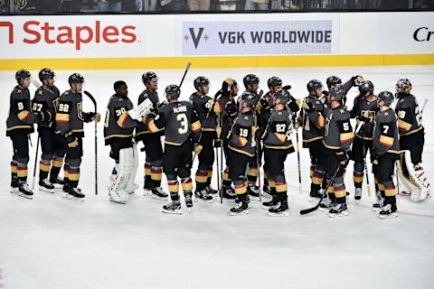 LAS VEGAS, NEVADA – OCTOBER 02: The Vegas Golden Knights celebrate after defeating the San Jose Sharks at T-Mobile Arena on October 02, 2019 in Las Vegas, Nevada. (Photo by Chris Unger/NHLI via Getty Images)