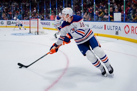 Oct 11, 2023; Vancouver, British Columbia, CAN; Edmonton Oilers forward Zach Hyman (18) handles the puck during warm up prior to a game against the Vancouver Canucks at Rogers Arena. in the first period at Rogers Arena. Mandatory Credit: Bob Frid-USA TODAY Sports