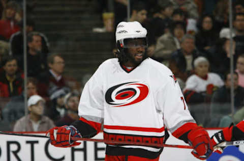 Anson Carter #77 of the Carolina Hurricanes (Photo by Phillip MacCallum/Getty Images)