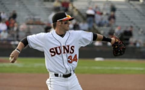 HAGERSTOWN, MD – APRIL 15, 2011: Outfielder Bryce Harper #34 of the Hagerstown Suns warms up prior to the Opening Day game on April 15, 2011 against the Lakewood Blue Claws at Municipal Stadium in Hagerstown, Maryland. (Photo by: Diamond Images/Getty Images)