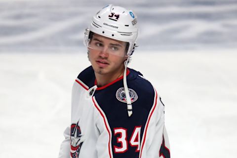 Feb 12, 2022; Montreal, Quebec, CAN; Columbus Blue Jackets center Cole Sillinger (34) during the warm-up session before the game against Montreal Canadiens at Bell Centre. Mandatory Credit: Jean-Yves Ahern-USA TODAY Sports