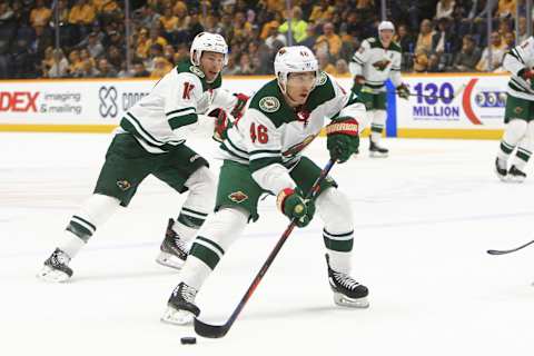 NASHVILLE, TN – OCTOBER 24: Minnesota Wild defenseman Jared Spurgeon (46) is shown during the NHL game between the Nashville Predators and Minnesota Wild, held on October 24, 2019, at Bridgestone Arena in Nashville, Tennessee. (Photo by Danny Murphy/Icon Sportswire via Getty Images)