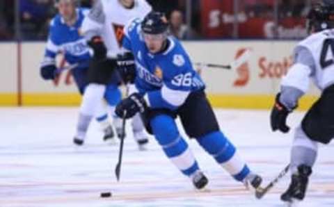 Sep 18, 2016; Toronto, Ontario, Canada; Team Finland Left winger Jussi Jokinen (36) skates with the puck in the second period against Team North America during preliminary round play in the 2016 World Cup of Hockey at Air Canada Centre. Mandatory Credit: Kevin Sousa-USA TODAY Sports