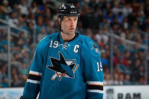 A clean-shaven Captain Joe Thornton #19 plays for the San Jose Sharks prior to joining the Toronto Maple Leafs – April 11, 2014 (Photo by Rocky Widner/Getty Images)