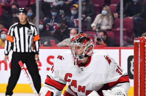 MONTREAL, QC – OCTOBER 21: Frederik Andersen #31 of the Carolina Hurricanes tends the net against the Montreal Canadiens during the second period at Centre Bell on October 21, 2021, in Montreal, Canada. The Carolina Hurricanes defeated the Montreal Canadiens 4-1. (Photo by Minas Panagiotakis/Getty Images)