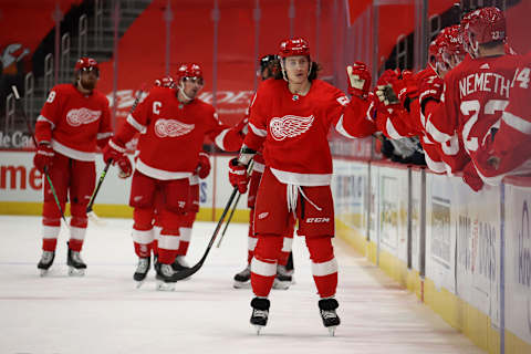 DETROIT, MICHIGAN – JANUARY 30: Tyler Bertuzzi #59 of the Detroit Red Wings   (Photo by Gregory Shamus/Getty Images)