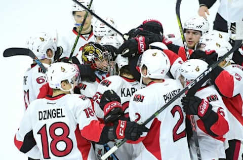 Nov 15, 2016; Philadelphia, PA, USA; Ottawa Senators goalie Craig Anderson (41) celebrates with teammates after defeating the Philadelphia Flyers in the shootout period at Wells Fargo Center. The Senators defeated the Flyers, 3-2 in a shootout. Mandatory Credit: Eric Hartline-USA TODAY Sports