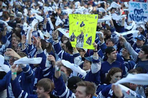 TORONTO, ON- APRIL 23 – Fans gather in Maple Leaf Square before the game as the Toronto Maple Leafs play the Boston Bruins in game six of their first round NHL Stanley Cup playoff series at the Air Canada Centre in Toronto. April 23, 2018. (Steve Russell/Toronto Star via Getty Images)