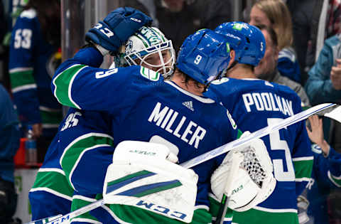 Goalie Thatcher Demko #35 of the Vancouver Canucks. (Photo by Rich Lam/Getty Images)