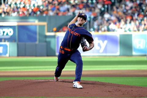 Sep 5, 2022; Houston, Texas, USA; Houston Astros starting pitcher Hunter Brown (58) delivers a pitch against the Texas Rangers during the first inning at Minute Maid Park. Mandatory Credit: Erik Williams-USA TODAY Sports