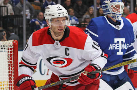 TORONTO,ON – DECEMBER 19: Jordan Staal #11 of the Carolina Hurricanes skates against the Toronto Maple Leafs during an NHL game at the Air Canada Centre on December 19, 2017 in Toronto, Ontario, Canada. The Maple Leafs defeated the Hurricanes 8-1. (Photo by Claus Andersen/Getty Images)