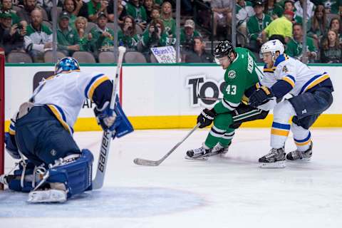 May 7, 2016; Dallas, TX, USA; St. Louis Blues goalie Brian Elliott (1) makes a save against Dallas Stars right wing Valeri Nichushkin (43) during the second period in game five of the second round of the 2016 Stanley Cup Playoffs at American Airlines Center. Mandatory Credit: Jerome Miron-USA TODAY Sports