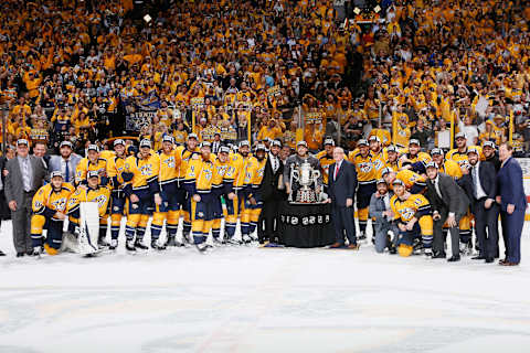 NASHVILLE, TN – MAY 22: The Nashville Predators celebrate with the Clarence S. Campbell Bowl after defeating the Anaheim Ducks 6 to 3 in Game Six of the Western Conference Final during the 2017 Stanley Cup Playoffs at Bridgestone Arena on May 22, 2017 in Nashville, Tennessee. (Photo by Frederick Breedon/Getty Images)