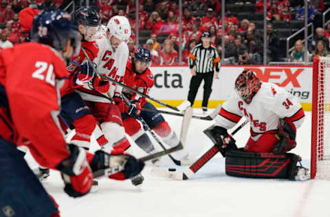 WASHINGTON, DC – JANUARY 13: Petr Mrazek #34 of the Carolina Hurricanes makes a save against the Washington Capitals in the first period at Capital One Arena on January 13, 2020, in Washington, DC. (Photo by Patrick McDermott/NHLI via Getty Images)