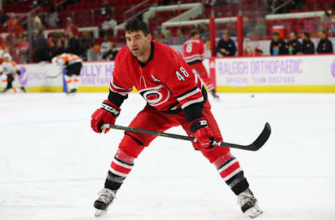 RALEIGH, NC – NOVEMBER 21: Carolina Hurricanes left wing Jordan Martinook (48) during the warmups of the Carolina Hurricanes game versus the New York Rangers on November 21st, 2019 at PNC Arena in Raleigh, NC (Photo by Jaylynn Nash/Icon Sportswire via Getty Images)