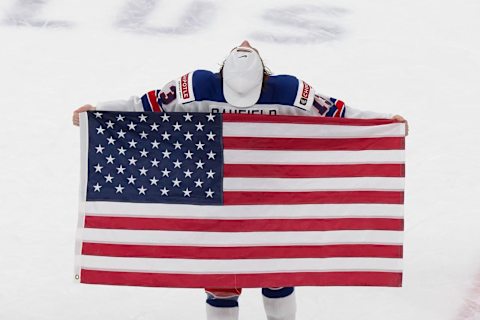 EDMONTON, AB – JANUARY 05: Cole Caufield #13 of the United States celebrates victory over Canada during the 2021 IIHF World Junior Championship gold medal game at Rogers Place on January 5, 2021 in Edmonton, Canada. (Photo by Codie McLachlan/Getty Images)