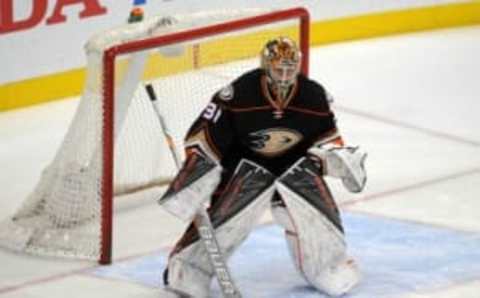 February 24, 2016; Anaheim, CA, USA; Anaheim Ducks goalie Frederik Andersen (31) defends the goal against Buffalo Sabres during the first period at Honda Center. Mandatory Credit: Gary A. Vasquez-USA TODAY Sports