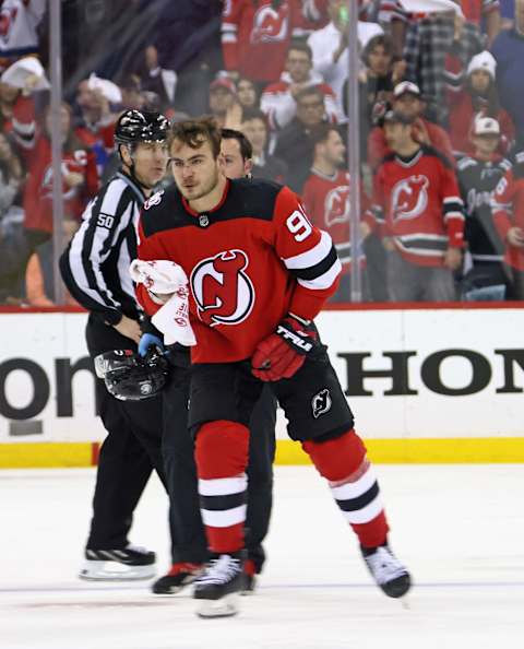 Timo Meier #96 of the New Jersey Devils. (Photo by Bruce Bennett/Getty Images)