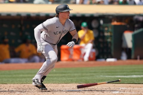 Aug 28, 2021; Oakland, California, USA; New York Yankees designated hitter Luke Voit (59) bats during the fifth inning against the Oakland Athletics at RingCentral Coliseum. Mandatory Credit: Darren Yamashita-USA TODAY Sports