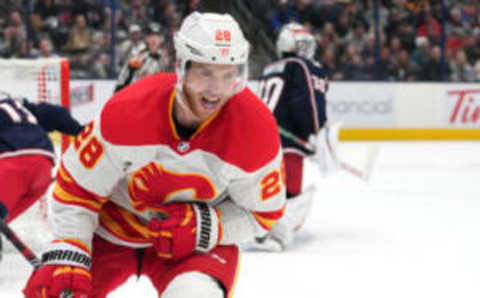 COLUMBUS, OHIO – OCTOBER 20: Elias Lindholm #28 of the Calgary Flames reacts to scoring a goal during the third period against the Columbus Blue Jackets at Nationwide Arena on October 20, 2023 in Columbus, Ohio. (Photo by Jason Mowry/Getty Images)