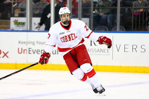 NEW YORK, NY – NOVEMBER 24: Cornell Big Red forward Morgan Barron (27) skates during the 2018 Frozen Apple College Hockey game between the Cornell Big Red and the Harvard Crimson on November 24, 2018 at Madison Square Garden in New York, NY. (Photo by Rich Graessle/Icon Sportswire via Getty Images)