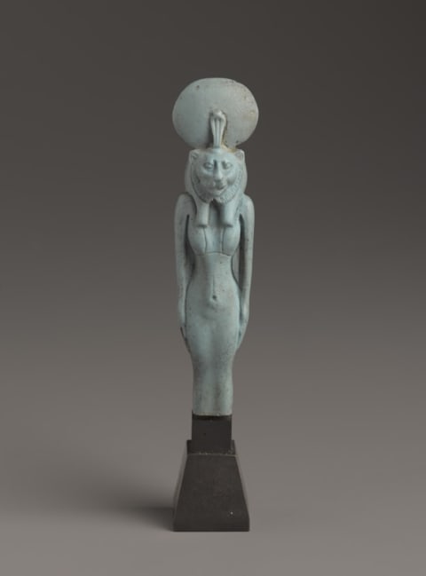 Figurine of a Standing Lion-Headed Goddess, 664 to 630 BCE, Faience