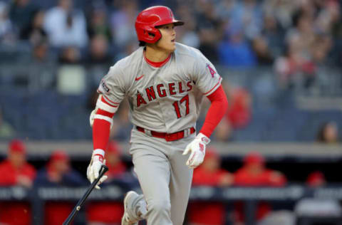 Apr 18, 2023; Bronx, New York, USA; Los Angeles Angels designated hitter Shohei Ohtani (17) follows through on a two run home run against the New York Yankees during the first inning at Yankee Stadium. Mandatory Credit: Brad Penner-USA TODAY Sports