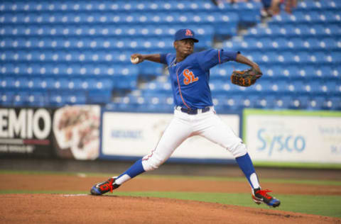 PORT ST. LUCIE, FL – JUNE 28: St. Lucie Mets Pitcher Justin Dunn (19) throws the ball from the mound during the first game of a double header MiLB minor league baseball game between the Palm Beach Cardinals and the St. Lucie Mets on June 28, 2017 at the First Data Field in Port St Lucie, Florida.. (Photo by Doug Murray/Icon Sportswire via Getty Images)