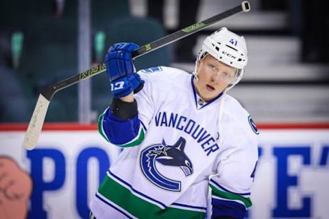 Sep 25, 2015; Calgary, Alberta, CAN; Vancouver Canucks left wing Ronalds Kenins (41) skates during the warmup period against the Calgary Flames at Scotiabank Saddledome. Mandatory Credit: Sergei Belski-USA TODAY Sports