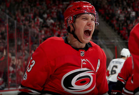 RALEIGH, NC – DECEMBER 2: Jeff Skinner #53 of the Carolina Hurricanes celebrates after scoring a goal during an NHL game against the Florida Panthers on December 2, 2017 at PNC Arena in Raleigh, North Carolina. (Photo by Gregg Forwerck/NHLI via Getty Images)