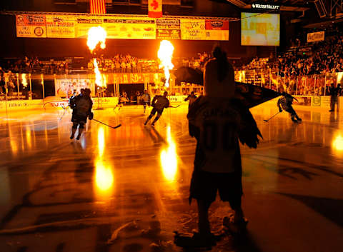 Pyrotechnics accompanied the player introductions before the game Friday. The Colorado Eagles hockey team defeated the Bossier-Shreveport Mudbugs 3-2 in the first game of the President’s Cup Finals in Loveland Friday night May 13, 2011. Karl Gehring/The Denver Post (Photo By Karl Gehring/The Denver Post via Getty Images)