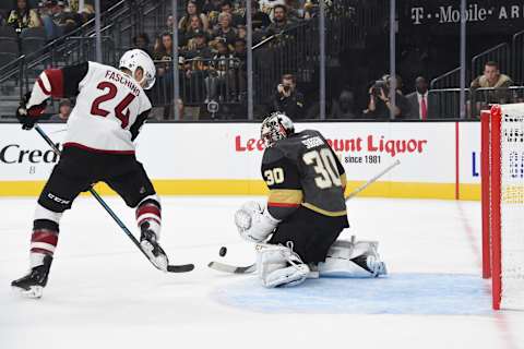 LAS VEGAS, NEVADA – SEPTEMBER 15: Malcolm Subban #30 of the Vegas Golden Knights saves a shot by Hudson Fasching #24 of the Arizona Coyotes during the second period at T-Mobile Arena on September 15, 2019 in Las Vegas, Nevada. (Photo by David Becker/NHLI via Getty Images)