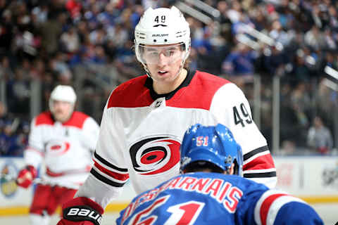 NEW YORK, NY – MARCH 12: Victor Rask #49 of the Carolina Hurricanes looks on against the New York Rangers at Madison Square Garden on March 12, 2018 in New York City. The New York Rangers won 6-3. (Photo by Jared Silber/NHLI via Getty Images)