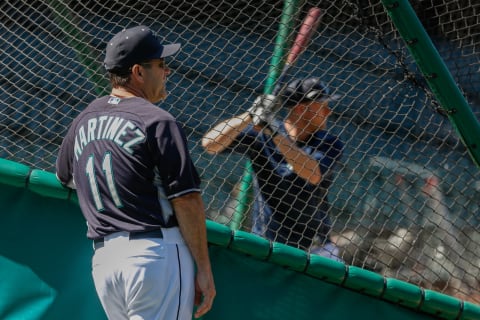 SEATTLE, WA – JUNE 22: Hitting coach Edgar Martinez #11 of the Seattle Mariners watches Mark Trumbo #35 take early batting practice prior to the game against the Kansas City Royals at Safeco Field on June 22, 2015 in Seattle, Washington. Martinez replaced Howard Johnson on Saturday. (Photo by Otto Greule Jr/Getty Images)