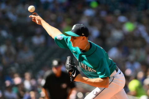 Jul 1, 2023; Seattle, Washington, USA; Seattle Mariners starting pitcher George Kirby (68) pitches to the Tampa Bay Rays during the first inning at T-Mobile Park. Mandatory Credit: Steven Bisig-USA TODAY Sports