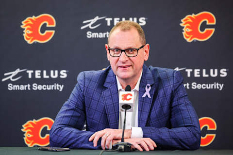 Mar 16, 2022; Calgary, Alberta, CAN; Calgary Flames General Manager Brad Treliving during interview prior to the game against the New Jersey Devils at Scotiabank Saddledome. Mandatory Credit: Sergei Belski-USA TODAY Sports