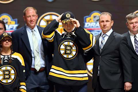 SUNRISE, FL – JUNE 26: Jake DeBrusk poses after being selected 14th overall by the Boston Bruins in the first round of the 2015 NHL Draft at BB