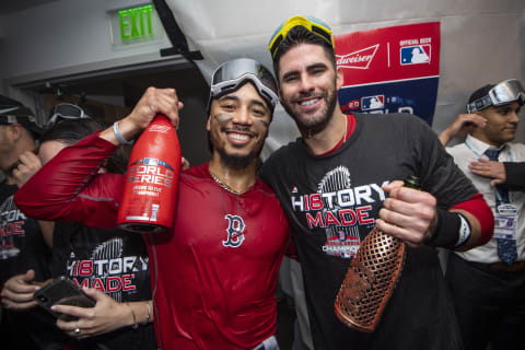 LOS ANGELES, CA – OCTOBER 28: Mookie Betts #50 and J.D. Martinez #28 of the Boston Red Sox celebrate with champagne in the clubhouse after winning the 2018 World Series in game five of the 2018 World Series against the Los Angeles Dodgers on October 28, 2018 at Dodger Stadium in Los Angeles, California. (Photo by Billie Weiss/Boston Red Sox/Getty Images)