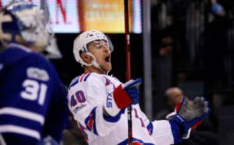 Jan 19, 2017; Toronto, Ontario, CAN; New York Rangers forward Michael Grabner (40) reacts after scoring a shorthanded goal on Toronto Maple Leafs goaltender Frederik Andersen (31) in the third period at the Air Canada Centre. New York defeated Toronto 5-2. Mandatory Credit: John E. Sokolowski-USA TODAY Sports