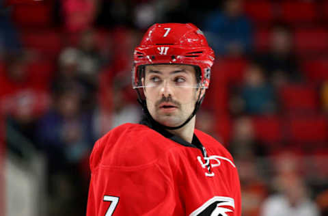 RALEIGH, NC – NOVEMBER 10: Ryan Murphy #7 of the Carolina Hurricanes prepares for a faceoff during an NHL game against the Anaheim Ducks on November 10, 2016 at PNC Arena in Raleigh, North Carolina. (Photo by Gregg Forwerck/NHLI via Getty Images)