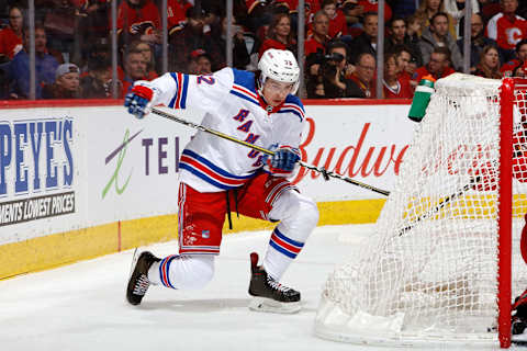 CALGARY, AB – MARCH 15: Filip Chytil #72 of the New York Rangers skates against the Calgary Flames during an NHL game on March 15, 2019 at the Scotiabank Saddledome in Calgary, Alberta, Canada. (Photo by Gerry Thomas/NHLI via Getty Images)