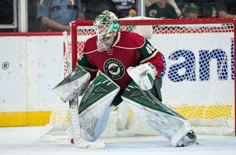 Oct 2, 2016; Saint Paul, MN, USA; Minnesota Wild goalie Devan Dubnyk (40) during a preseason hockey game against the Carolina Hurricanes at Xcel Energy Center. The Wild defeated the Hurricanes 3-1. Mandatory Credit: Brace Hemmelgarn-USA TODAY Sports