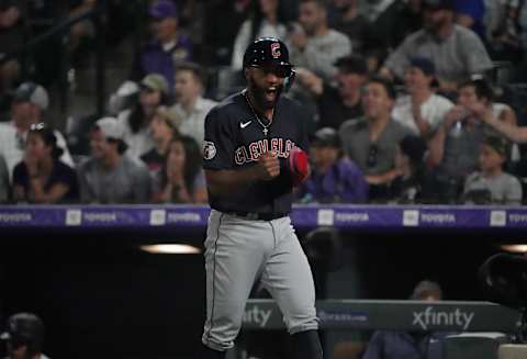 Jun 14, 2022; Denver, Colorado, USA; Cleveland Guardians shortstop Amed Rosario (1) reacts to scoring the go ahead run in the tenth inning against the Colorado Rockies at Coors Field. Mandatory Credit: Ron Chenoy-USA TODAY Sports