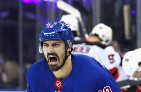 NEW YORK, NEW YORK – APRIL 24: Chris Kreider #20 of the New York Rangers gets a whiff of smelling salts prior to the game against the New Jersey Devils in Game Four of the First Round of the 2023 Stanley Cup Playoffs at Madison Square Garden on April 24, 2023, in New York, New York. (Photo by Bruce Bennett/Getty Images)