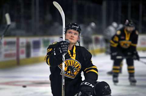 PROVIDENCE, RI – MAY 11: Providence Bruins’ Danton Heinen (9) is pictured during pre-game warmups before an AHL playoff game against the Hershey Bears at the Dunkin Donuts Center in Providence, RI on May 11, 2017. (Photo by Jim Davis/The Boston Globe via Getty Images)