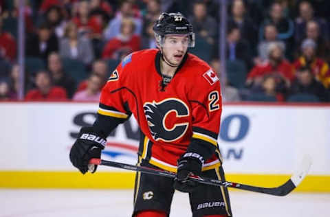 Nov 13, 2014; Calgary, Alberta, CAN; Calgary Flames left wing Sven Baertschi (27) skates against the Arizona Coyotes during the second period at Scotiabank Saddledome. Calgary Flames won 5-3. Mandatory Credit: Sergei Belski-USA TODAY Sports