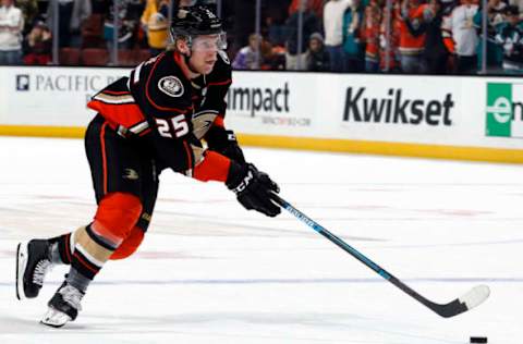 ANAHEIM, CA – NOVEMBER 12: Ondrej Kase #25 of the Anaheim Ducks skates with the puck during the game against the Nashville Predators on November 12, 2018, at Honda Center in Anaheim, California. (Photo by Debora Robinson/NHLI via Getty Images)